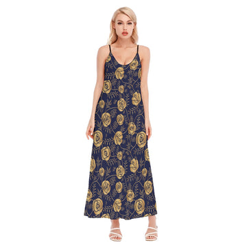 Royal Roses Dinner Sling Dress, Midnight Blue Dress with Gold Roses